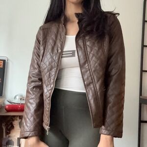 New Look Quilted Faux Leather Moto Jacket Brown Padded Collar Zip Front Womens